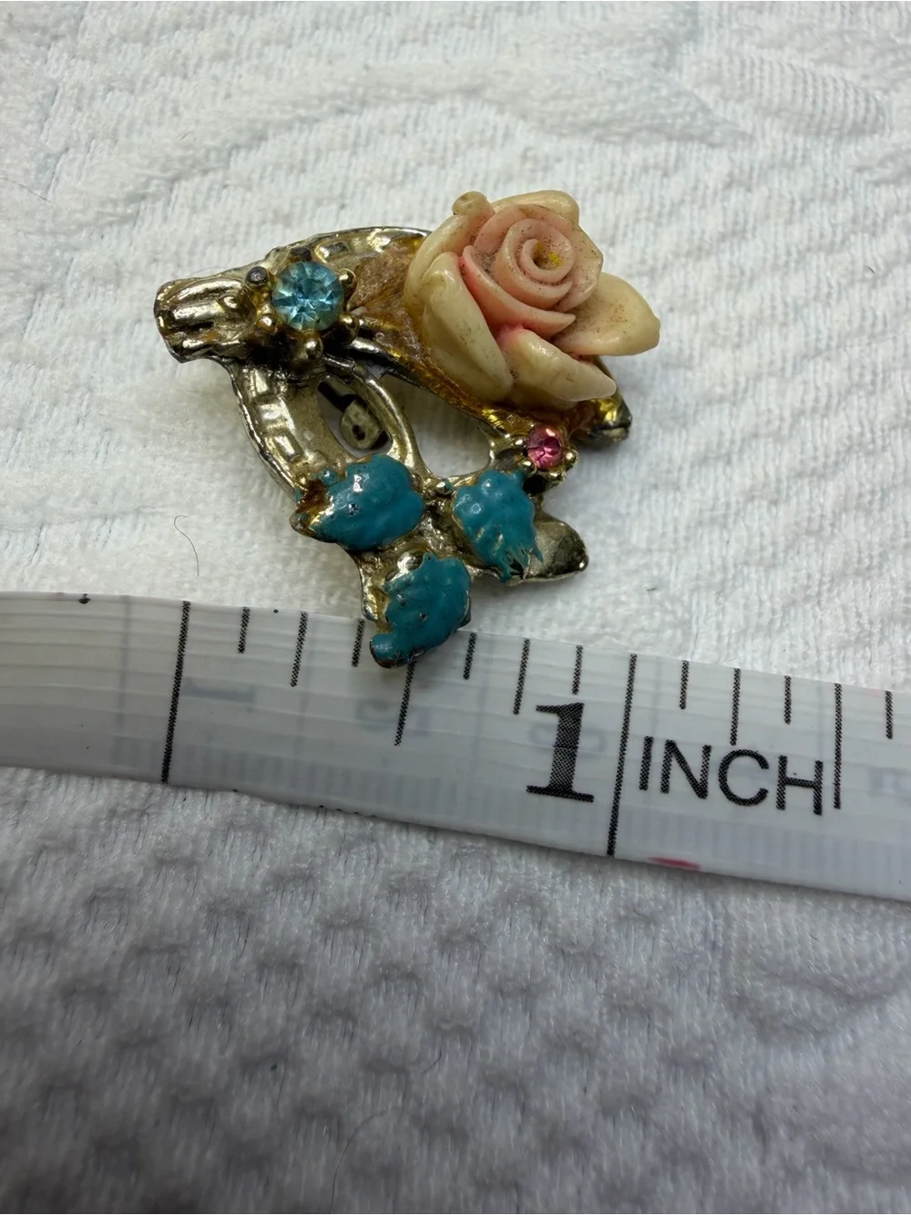 Vintage Pink Rose & Turquoise Floral Brooch
